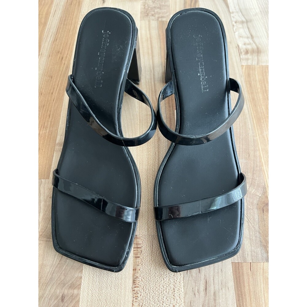 Jeffrey Campbell Strappy Sandal Block Heel Square Toe Black Patent Leather 7